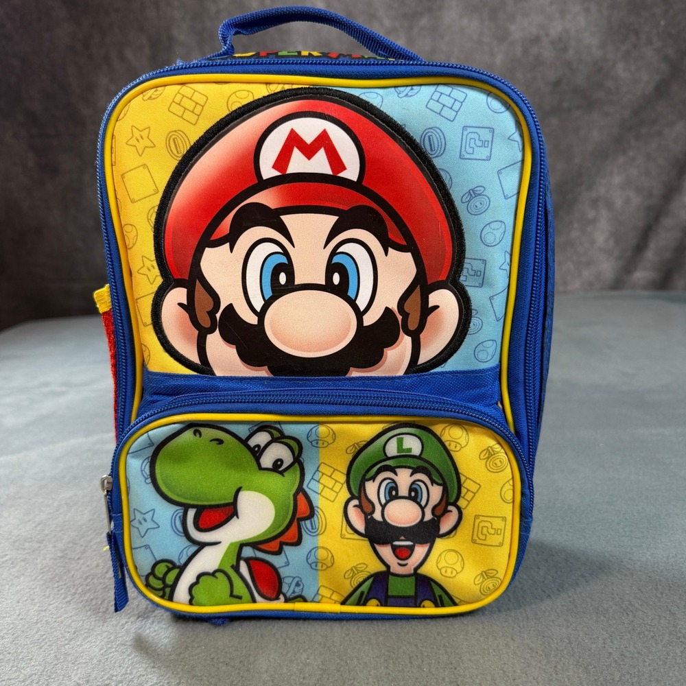 Nintendo Super Mario Bros Lunch Bag Insulated Mario Luigi Yoshi Blue Red Yellow